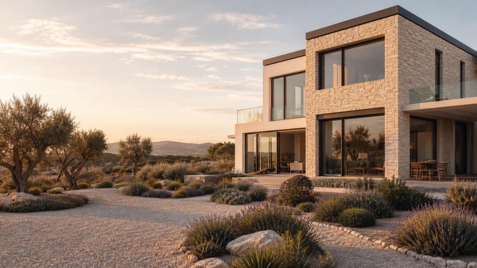 Kültür taşı kaplı modern Ege villası konsept görseli